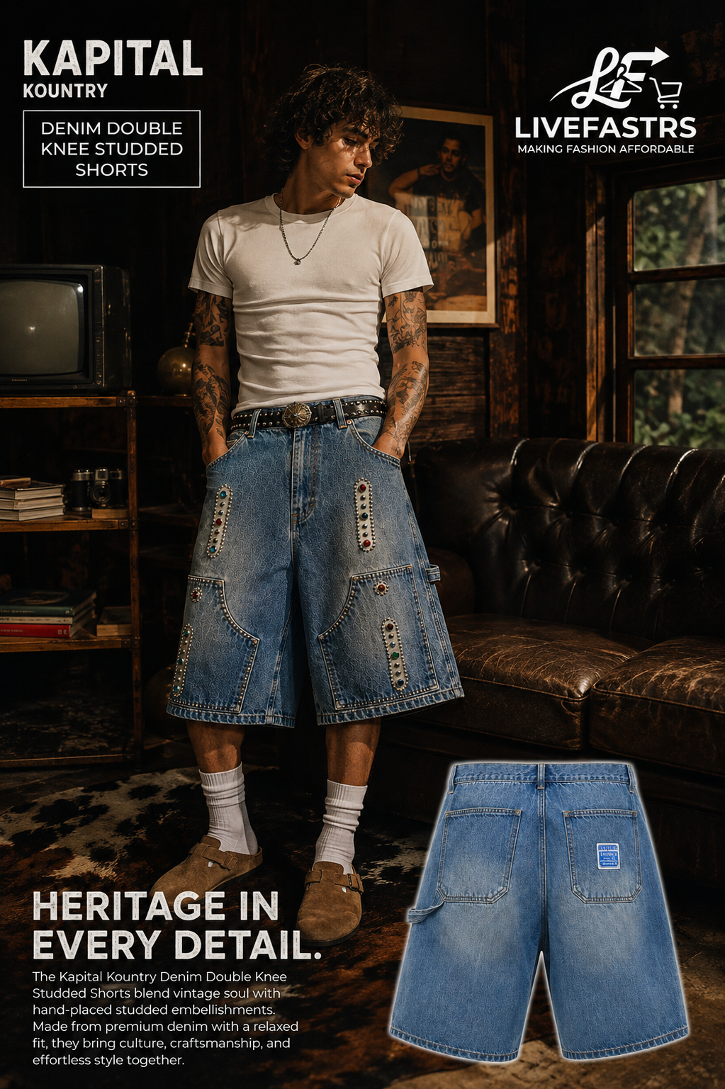 Kapital Kountry Denim Double Knee Studded Shorts