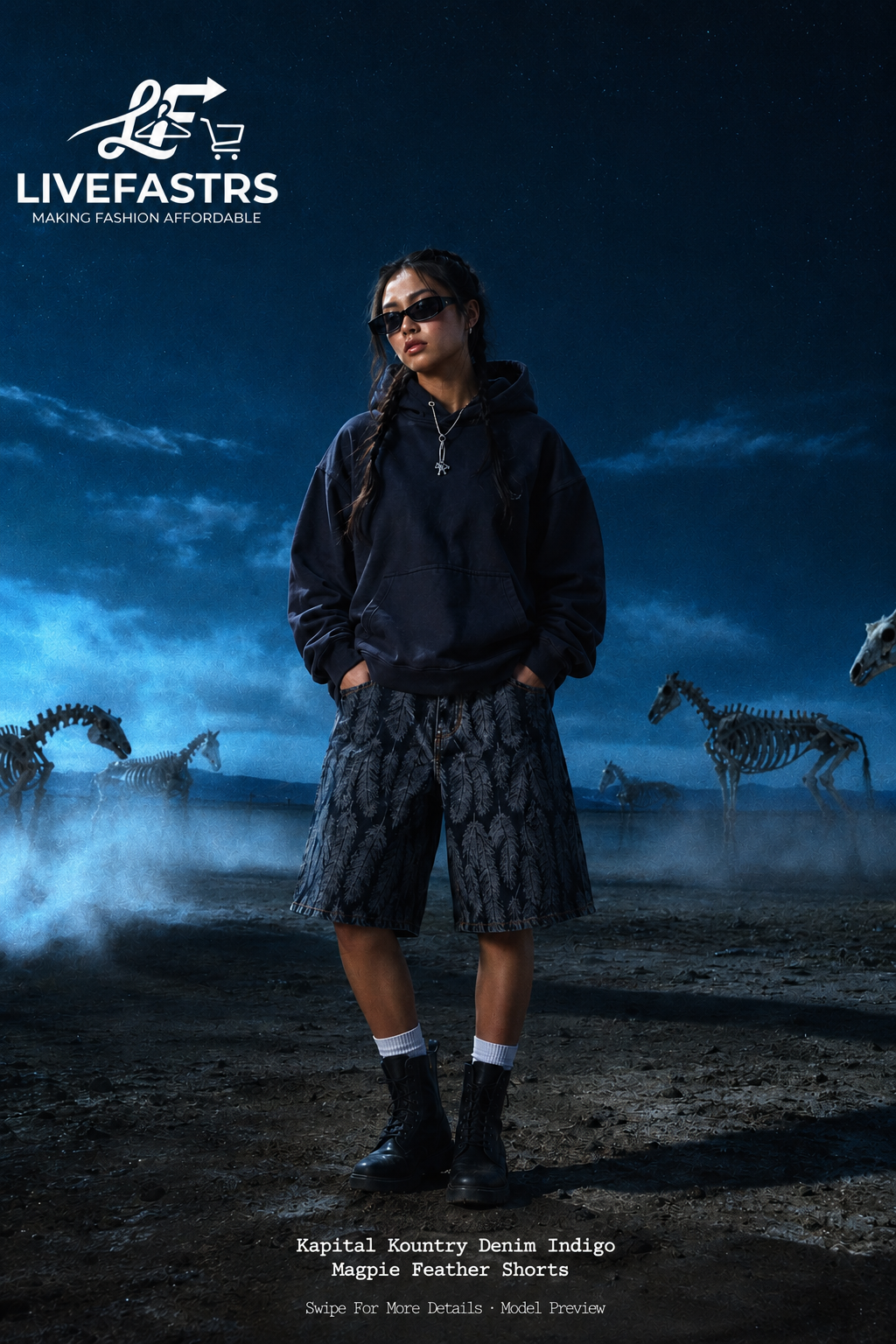 Kapital Kountry Denim Indigo Magpie Feather Shorts