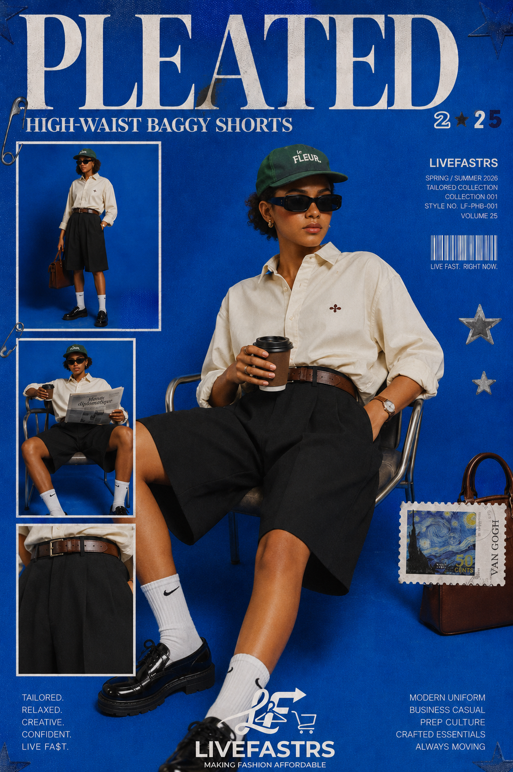 Pleated High-Waist Baggy Shorts