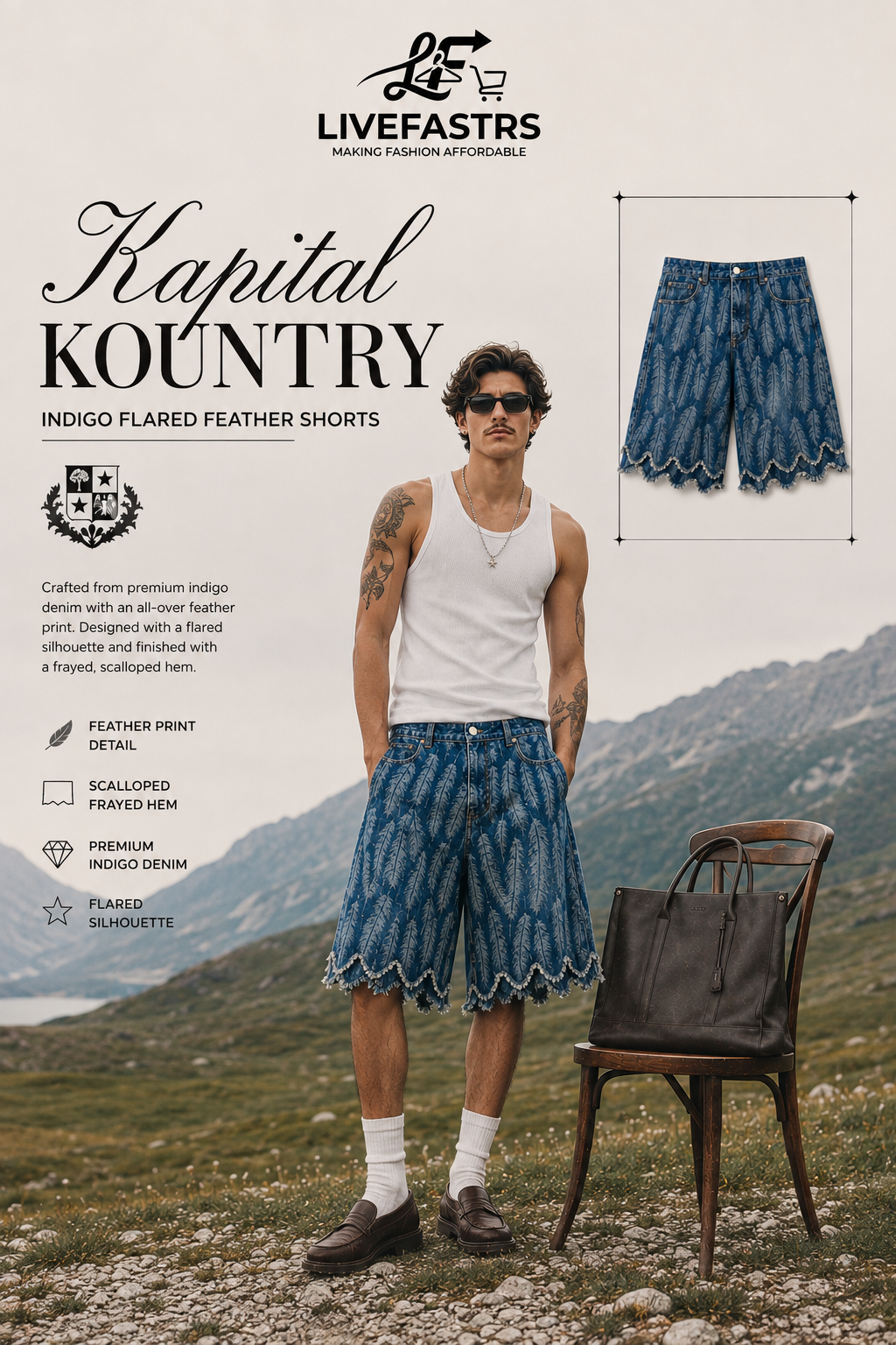Kapital Kountry Indigo Flared Feather Shorts